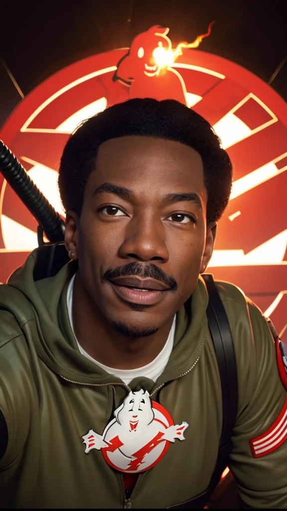 Eddie Murphy as the original Ghostbusters squad, realistic, 8K, extreme close up, portrait, professional, cinematic, film, 