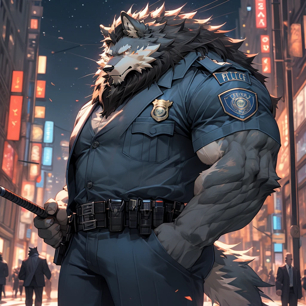 Muscular and strong police officer werewolf in suit with busy city center in the background Strong lion wolf wolf officer holding baton