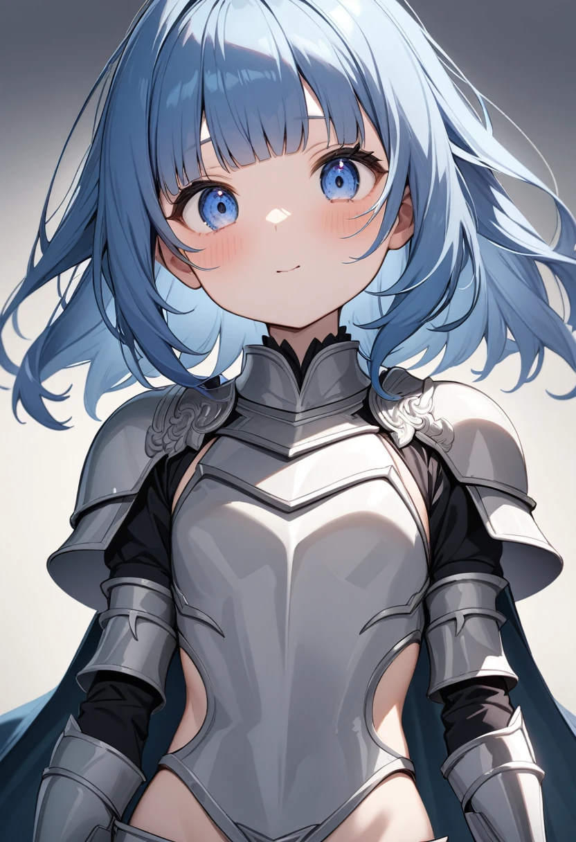 (masterpiece, top quality, very aesthetic, super detailed), intricate detail, 1girl,stand:1.3、upper body:1.3、
kind eyes、tareme:1.4,Hollow Eyes、Cute Face、blue hair:1.5、middle hair,sidelock :1.4,blunt bangs:1.3,blue eyes:1.2、clear face:1.5、solo、chromium　metal black :1.5 ,flat chest,waist-cape armor:1.5 Leg guard、armored dress、Princess Knight:1.5、Slim Body(),Shiny Hair、