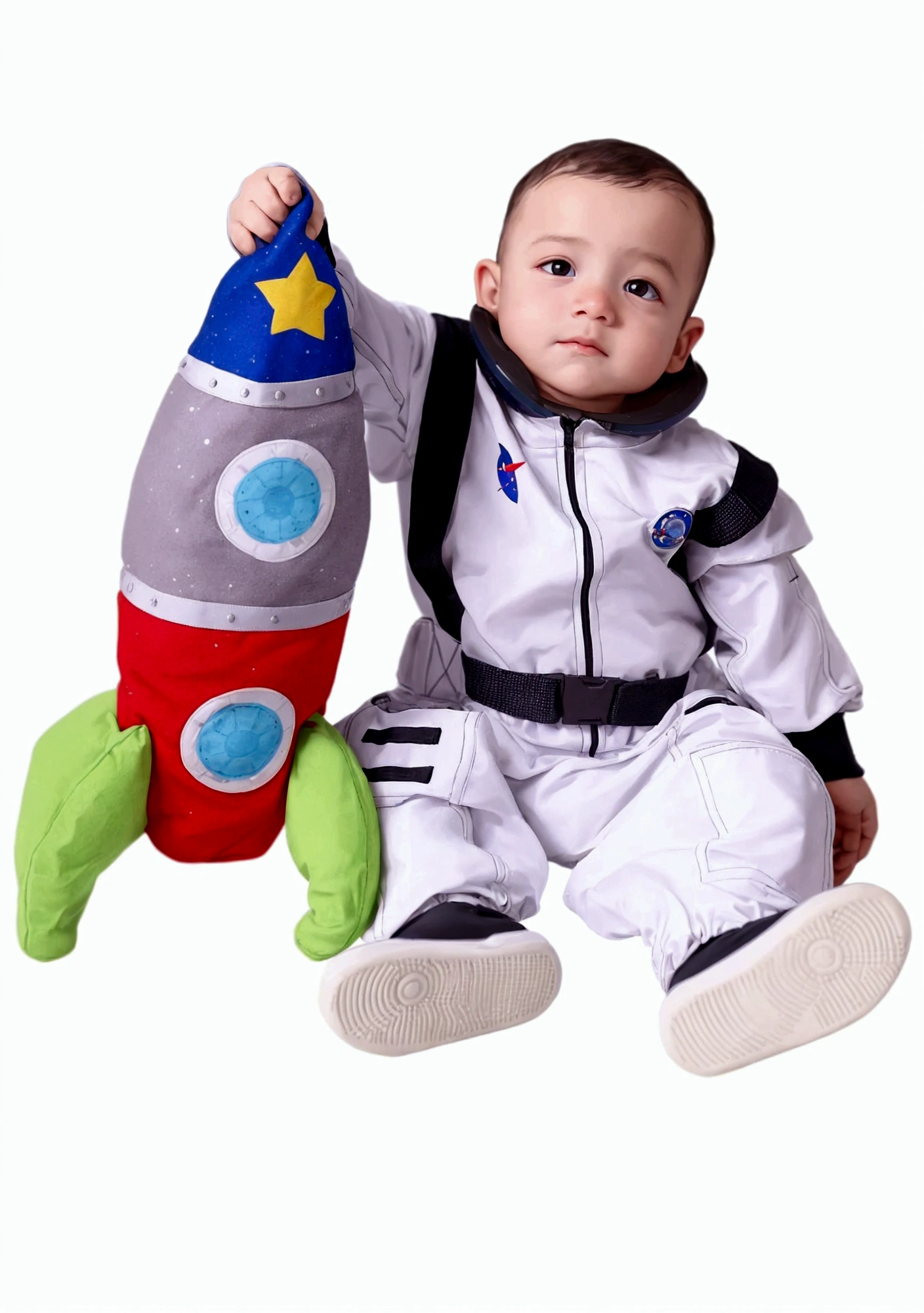 arafed baby in a traje espacial holding a stuffed toy, wearing Astronauta outfit, em uma roupa de cadete espacial, Astronauta suit, traje espacial, fully traje espacialed, Traje espacial, wearing a traje espacial, traje de alta qualidade, with a traje espacial on, small Astronauta looking up, in Traje espacial, wears tiny Traje espacial, tema espacial, Traje pressurizado espacial, Astronauta