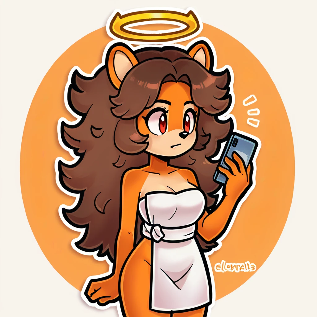 (score_9, score_8_up), solo, mobian, hedgehog, two-tone fur ((orange fur, brown fur)), wrapped in towel, medium breasts, two-tone hair (brown hair, black tip)), curly hair, halo, red eyes, longeyelashes, red eyes, holding phone