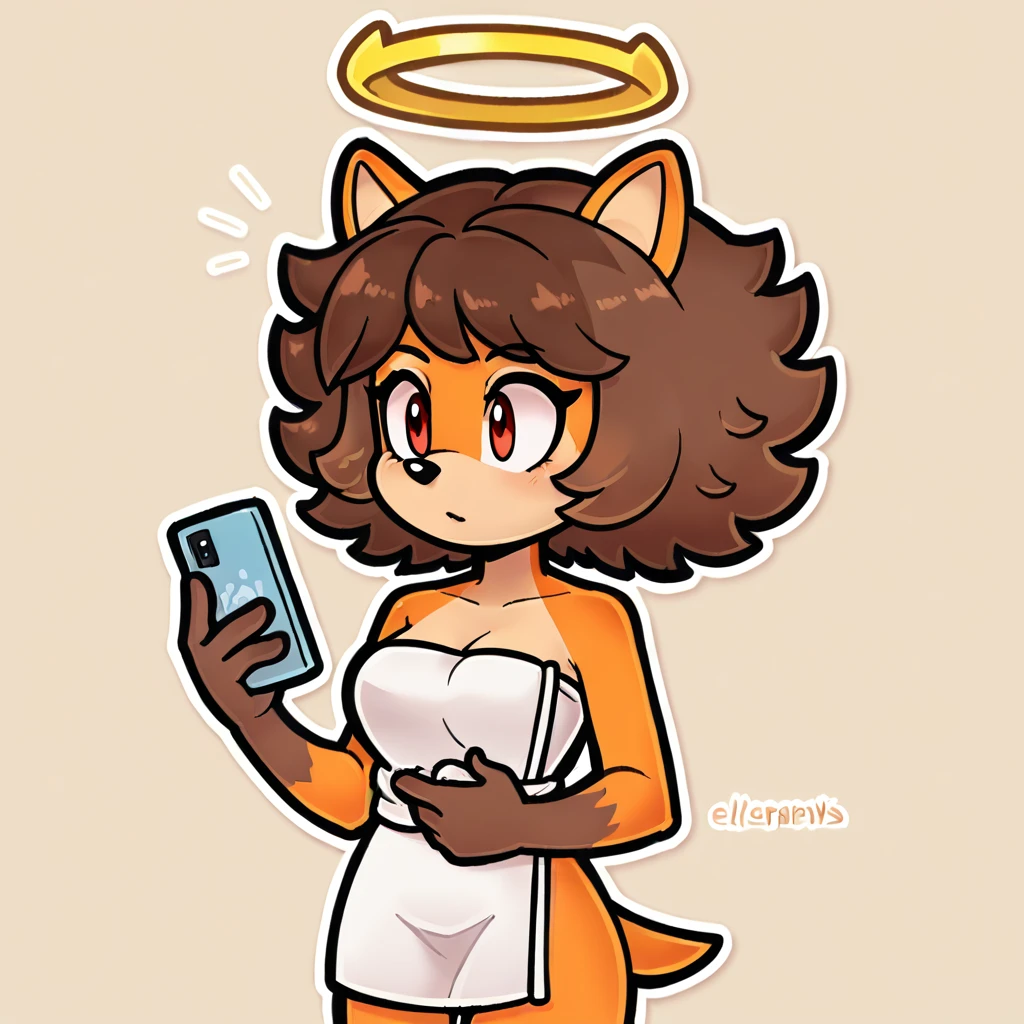 (score_9, score_8_up), solo, mobian, hedgehog, two-tone fur ((orange fur, brown fur)), wrapped in towel, medium breasts, two-tone hair (brown hair, black tip)), curly hair, halo, red eyes, longeyelashes, red eyes, holding phone