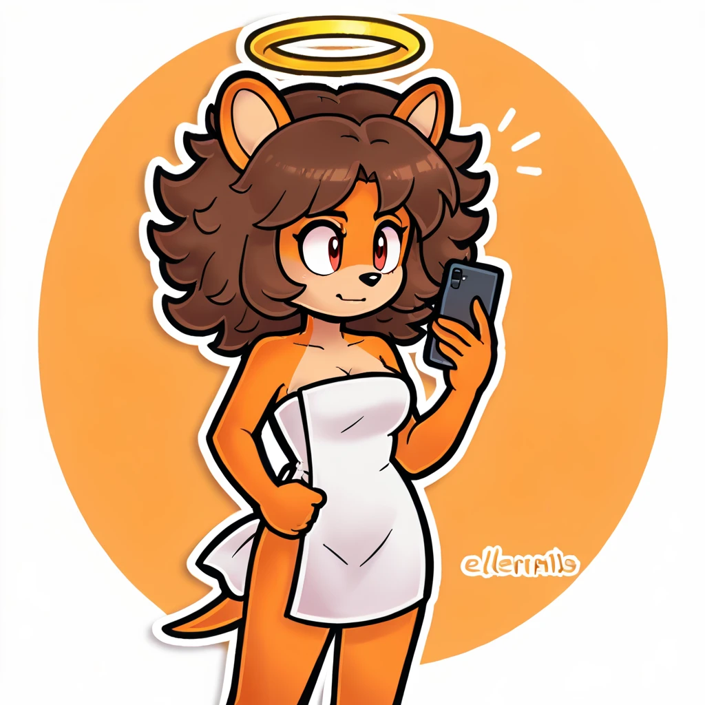 (score_9, score_8_up), solo, mobian, hedgehog, two-tone fur ((orange fur, brown fur)), wrapped in towel, medium breasts, two-tone hair (brown hair, black tip)), curly hair, halo, red eyes, longeyelashes, red eyes, holding phone
