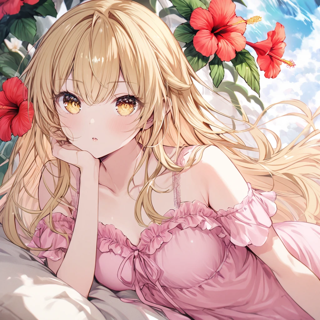 Pink nightgown, hibiscus, long blonde hair, golden eyes