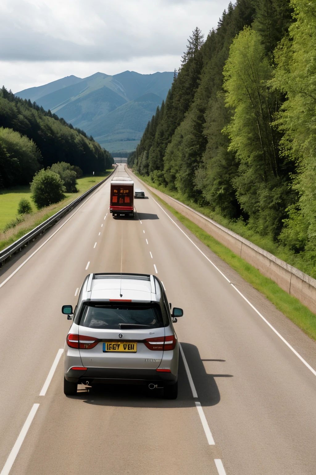 A motorway, with 3 lanes, the first being in the other direction is ending, but then a path on the way, which will take you to the central lane. I drive, in the central lane, a trailer, which tries to overtake the trailer, before getting in front of it and to overtake, the trailer runs towards the third lane, where it beats a trailer, not giving the driver time to brake and that's how it ended. hitting each other, with the car hitting its rear side against the front side of the car. This view is of a fourth vehicle, which is entirely for sale, coming in third place.
