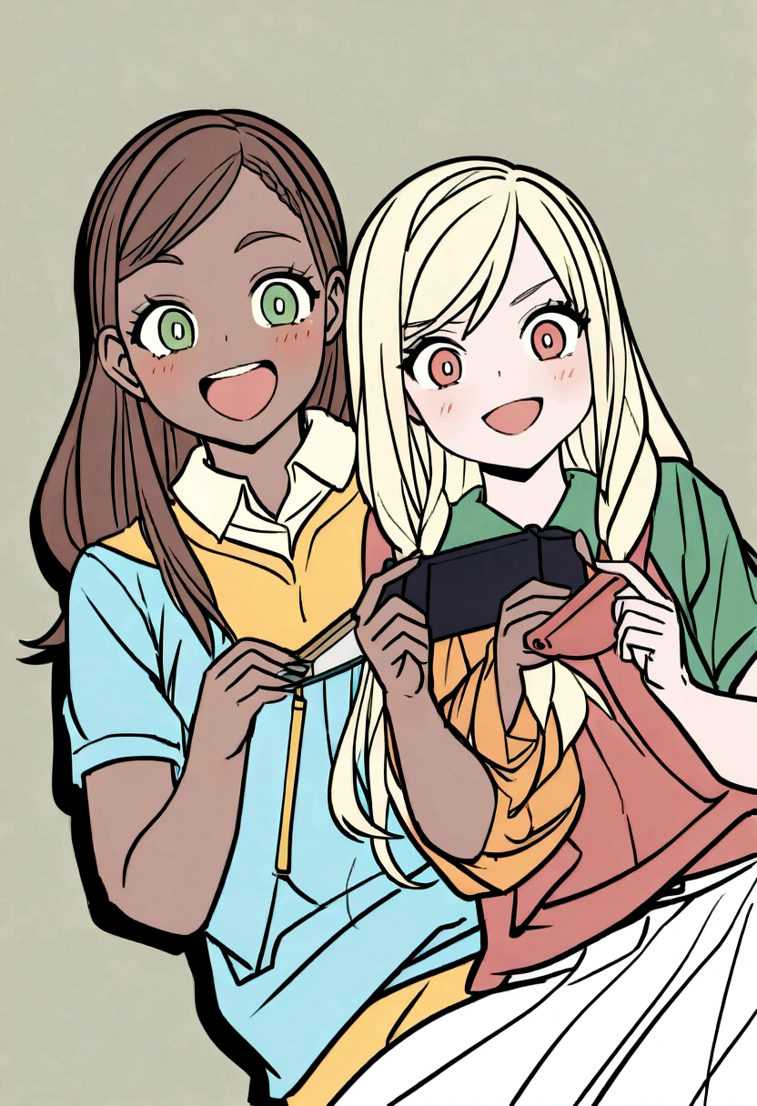 Create a professional and creative logo for the company "C2" (Controle Dois). The logo should include a happy player with medium to dark brown skin, holding a video game controller in one hand and offering a second controller to the viewer, breaking the fourth wall. The scene should include a hot cup of coffee. The player should be aged between 30 and 45. The facial expression should convey joy and fun.
Specific Details:
Style: Professional and modern
Color Palette: Vibrant, with blue, green, and other colors representing fun and technology
Text: Include the name "C2" prominently and stylishly
Layout: Balanced, with the character and text well-integrated
Usage: Website, social media, and printed materials