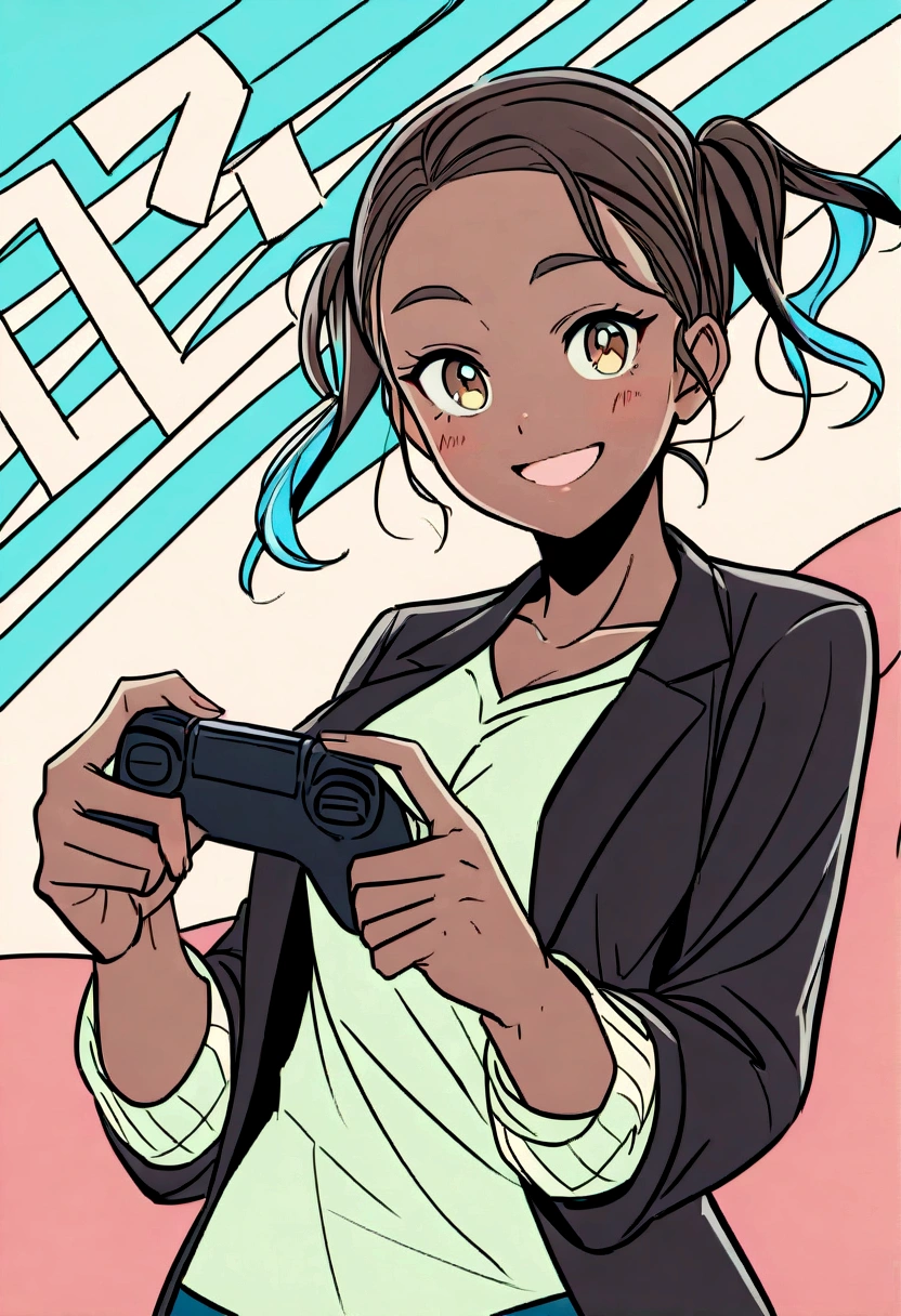 Create a professional and creative logo for the company "C2" (Controle Dois). The logo should include a happy player with medium to dark brown skin, holding a video game controller in one hand and offering a second controller to the viewer, breaking the fourth wall. The scene should include a hot cup of coffee. The player should be aged between 30 and 45. The facial expression should convey joy and fun.
Specific Details:
Style: Professional and modern
Color Palette: Vibrant, with blue, green, and other colors representing fun and technology
Text: Include the name "C2" prominently and stylishly
Layout: Balanced, with the character and text well-integrated
Usage: Website, social media, and printed materials