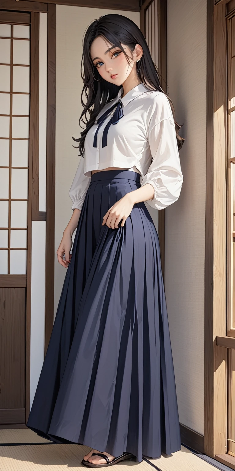 Portraiture、(masterpiece,Highest quality,Ultra-high resolution),Japanese women, (((Very beautiful 25 year old girl))),Lightweight long-sleeved blouse、((A simple high-waisted long skirt))、Skirt length to ankle