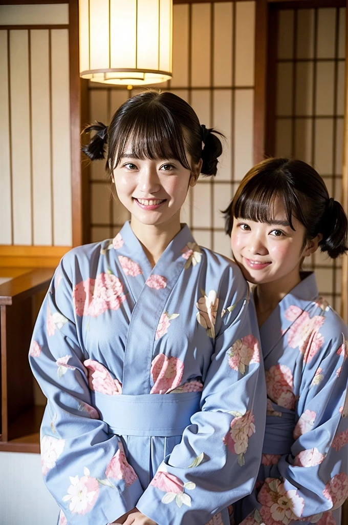 2 girls in ryokan on school trips,long-sleeved floral yukata,18-year-old,bangs,a little smile,thighs,knees,short hair with low pigtails bunches,from below,front light