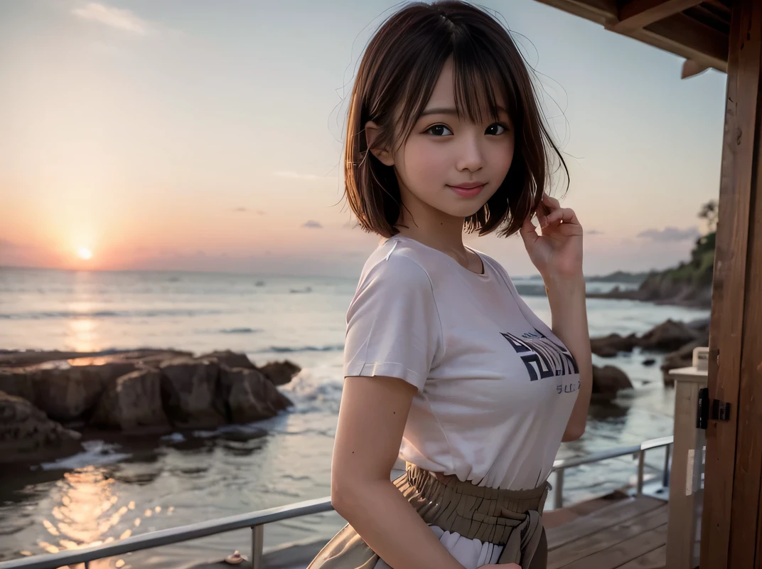 Sea view, Blake Background Only Rock Formation:1.6, Break Foreground only Sandy beach :1.6, evening, sunset, Ocean Waves, Water reflection, Anatomically completely correct:1.6, ((1 Japanese girl)), Very short bob cut:1.2, blush, Shyly, 17 years old, Open the mouse a little, Showing off slightly swollen lower buttocks from medium ASS,beach shorts, (T-shirt waist length:1.4), Non-nipples:1.4, Blake Beautiful Ass, Brown Hair, Wet Hair, Hilarious:1.0, smile:1.0, Ecstasy:1.0, [[Puff out your cheeks]], smile、 Dynamic Angle,, whole body, SFW:1.2, break , RAW Photos, Highest quality, masterpiece, Realistic, PhotoRealistic, Highly detailed 8k wallpaper, Beautiful and detailed eyes, Detailed painted face, High key lighting, Professional Lighting, Cinema Lighting, Side Lighting, Bokeh、((One person))、
