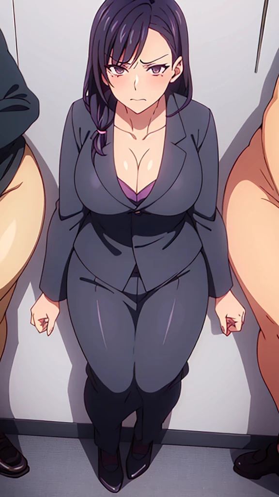 1 milf & 2 man sex , purple and slightly black hair, wearing a office suit, cynical look, angry face, white background, erotic, full body, sex scene, clothes off