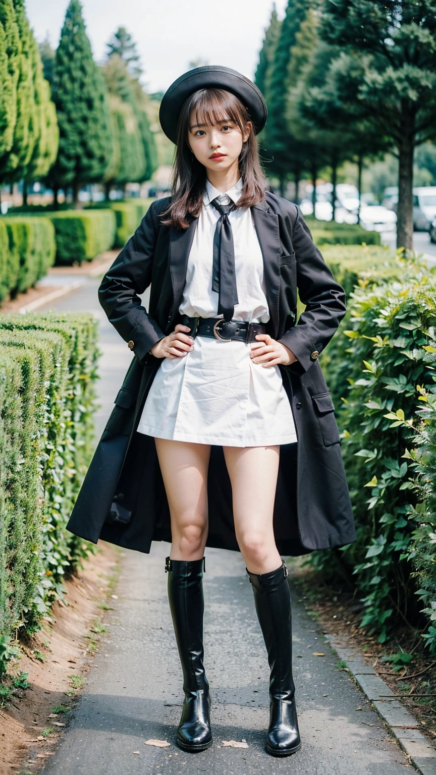 (8K、RAW Photos、Highest quality、masterpiece:1.2)、(Realistic、Realistic)、1 Girl、((Check mini skirt、Long coat、Medium Hair、black、Thin legs、whole body、boots、blackいコート、one piece、tights、garden、View from the front、smile、Looking into the camera、belt、Stand with hands on hips))、cute