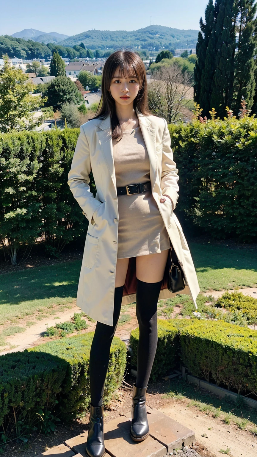 (8K、RAW Photos、Highest quality、masterpiece:1.2)、(Realistic、Realistic)、1 Girl、((mini skirt、coat、black、Thin legs、whole body、boots、one piece、tights、garden、View from the front、Looking into the camera、belt、Stand with hands on hips))、cute