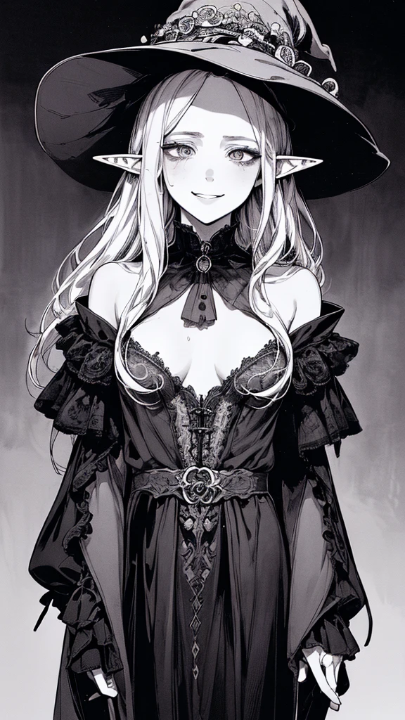 Highest quality, (Background details), High Contrast, so beautiful, Detailed original illustrations, Sensual, , witch, witch hat, Black Robe, Elf, Delicate face, charm, Spoiled brat, sexy, Real breasts, Small breasts、Crazy Smile, Crazy Eyes, Black background, (Black background: 1. 5) Beautiful line art, Monochrome