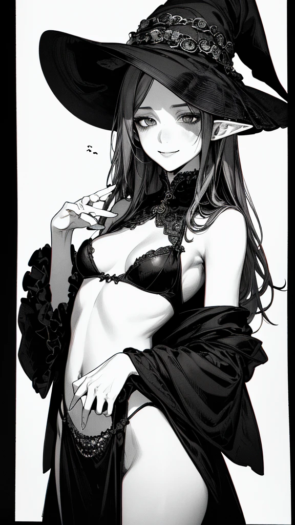 Highest quality, (Background details), High Contrast, so beautiful, Detailed original illustrations, Sensual, , witch, witch hat, Black Robe, Elf, Delicate face, charm, Spoiled brat, sexy, Real breasts, Small breasts、Crazy Smile, Crazy Eyes, Black background, (Black background: 1. 5) Beautiful line art, Monochrome
