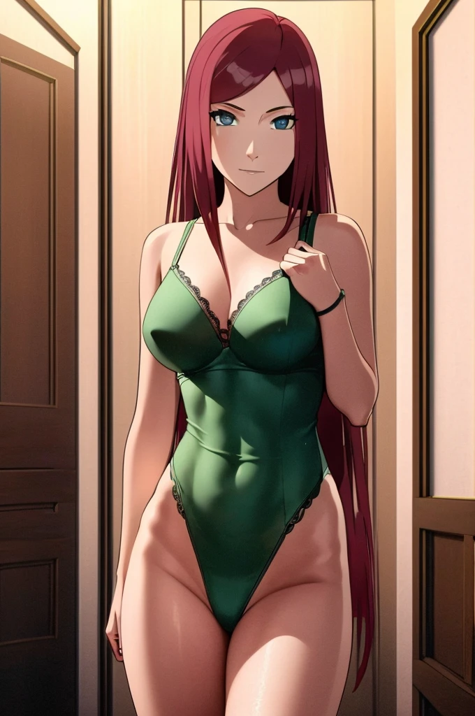 A highly attractive ginger woman who is standing on an 5 stars hotel bathroom. She is wearing green lace lingerie. The photo is taken with a high-resolution camera. The background includes typical elements of an 5 stars hotel bathroom. The scene is vibrant and elegant, focusing on women's features, and clothing. Perfect face, simetrical face, simetrical eyes, 4k, ultra detailed, sharp focus, 8k, high definition, insanely detailed, intricate:1. 1
