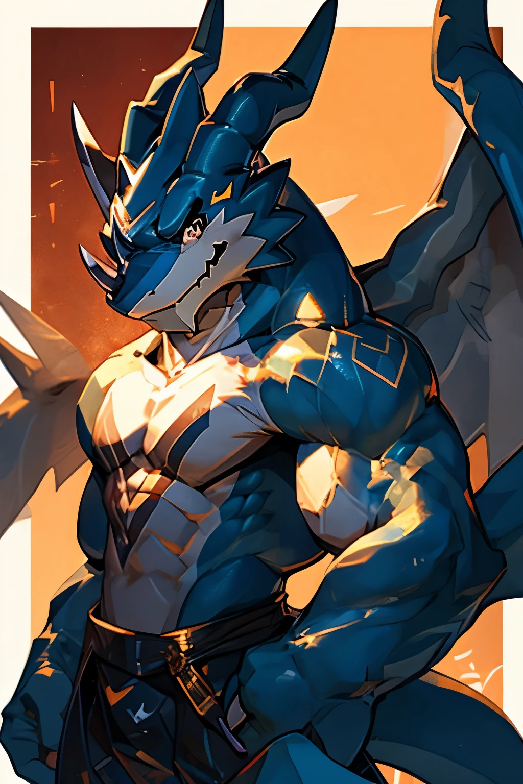 Exveemon from the Digimon series, muscular (2:1), subjugation pose, confident look, discreet smile, blue body, open wings, big sword, simple background, ultra quality, 4k, masterpiece