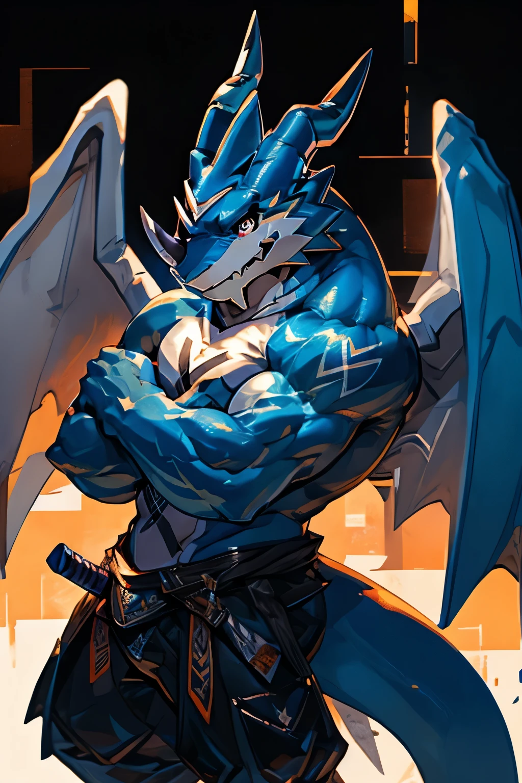 Exveemon from the Digimon series, muscular (2:1), subjugation pose, confident look, discreet smile, blue body, open wings, big sword, simple background, ultra quality, 4k, masterpiece