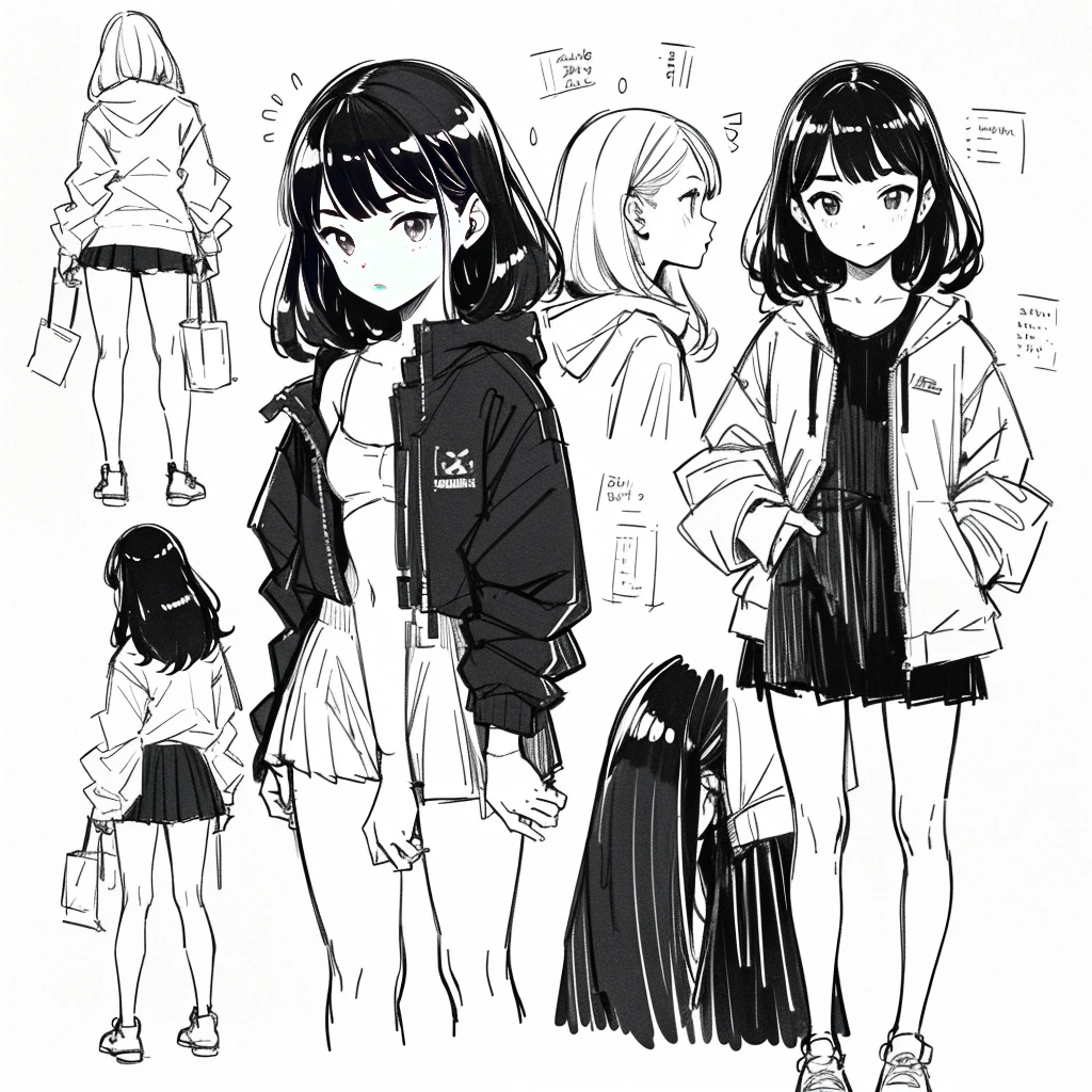 One Girl,Line art,Monochrome,sketch,Pencil drawing,Traditional Media,One Girl, skirt,Cute Girls, ,Beautiful portrait、Delicate body、Black Hair、Black Hair,landscape,Black and White