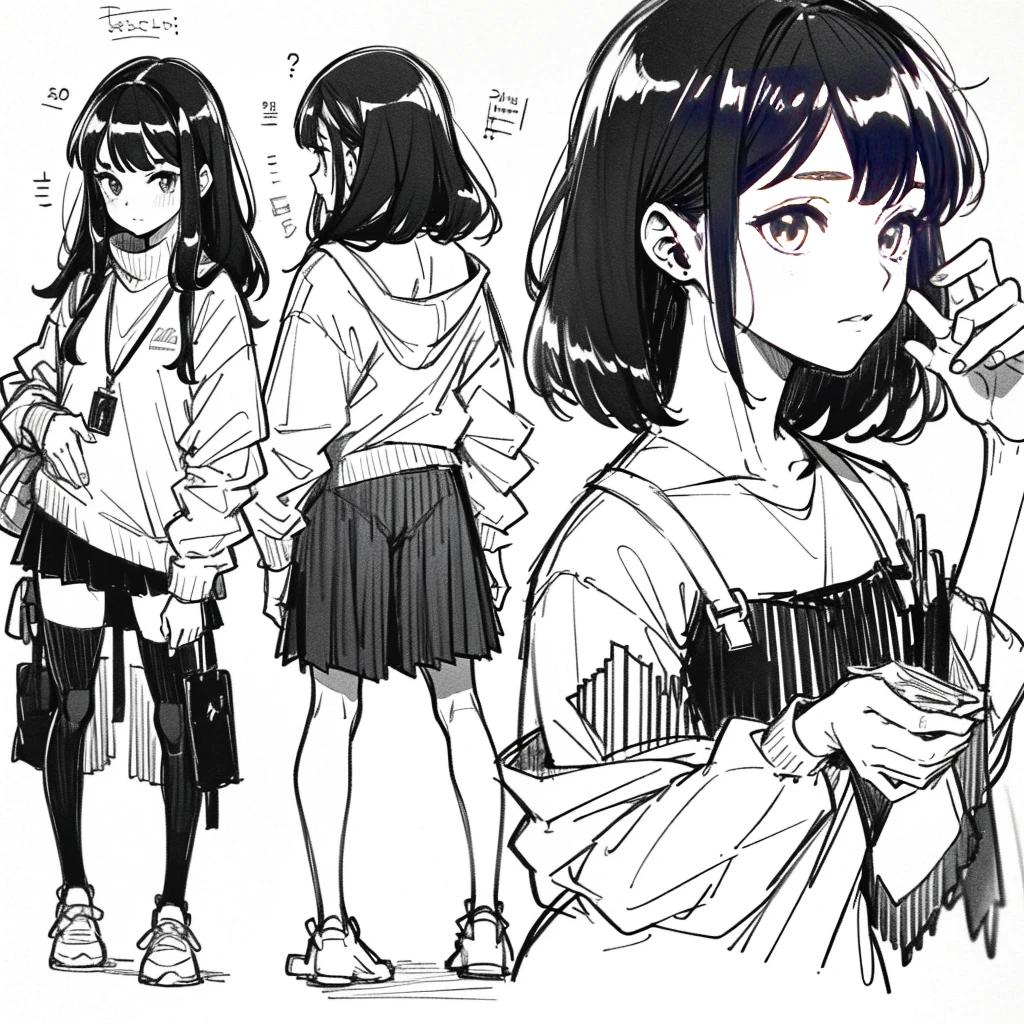 One Girl,Line art,Monochrome,sketch,Pencil drawing,Traditional Media,One Girl, skirt,Cute Teenage Girls, ,Beautiful portrait、Delicate body、Black Hair、Black Hair,landscape,Black and White