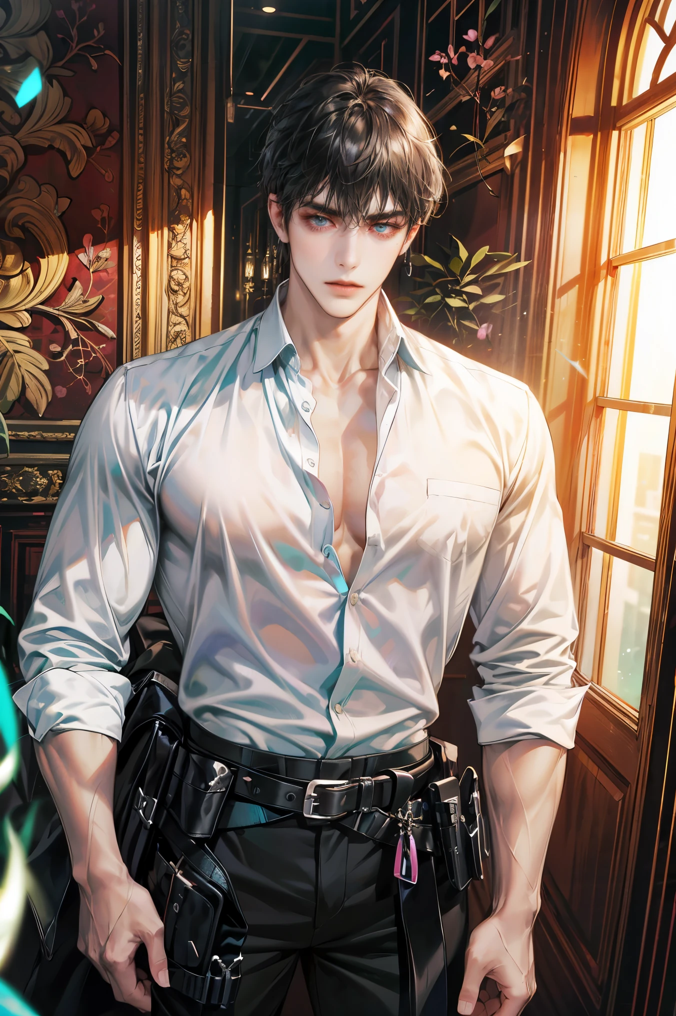 (absurdres, highres, ultra detailed, original character, HDR), 1 russian boy, solo, adult, handsome, ((tall muscular guy, broad shoulders)), finely detailed eyes, (black hair), hair between eyes, turquoise eyes, holographic, futuristic, casual and sexy outfit, gun holster, (body tight white shirt), (large man breasts), ((wearing an earring)), cowboy shot, dutch angle, face focused, british colonial room scenery, dystopian hong kong city, indoor, Cyan, Magenta, long face, closed mouth, looking at viewer, depth of field, bokeh