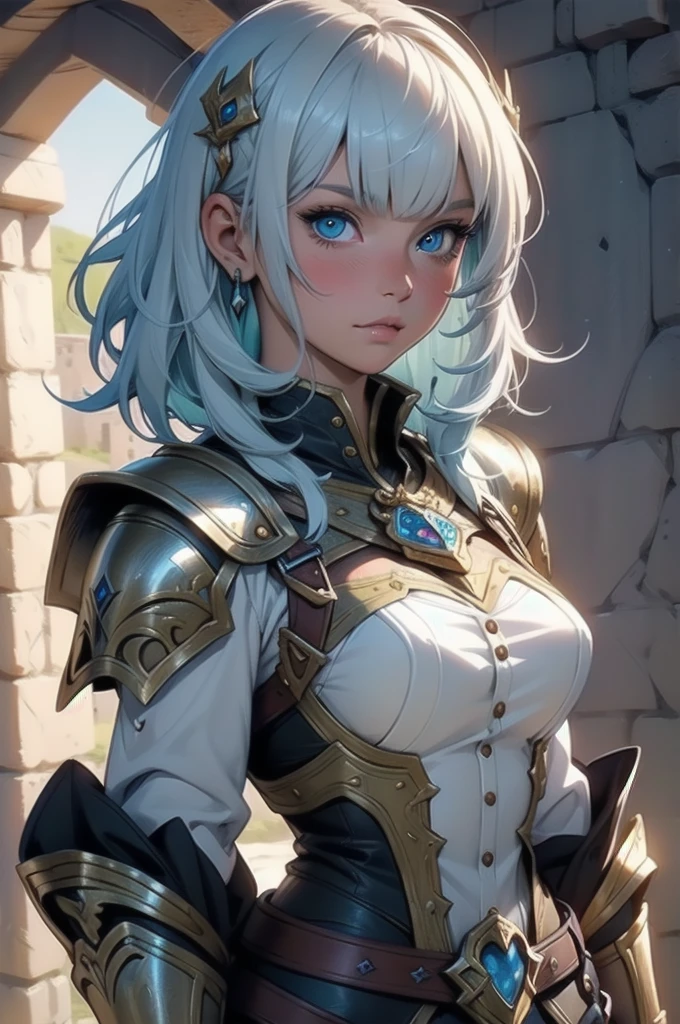 4K, high quality, Cowboy Shot, Digital painting of a beautiful girl, like々Cute Girl, Short blonde, Short silky hair with short flowing bangs, Blue Hair, Long Hair, Quite a soft face, turn bright red, Cute face with soft blush, Girl in the Middle Ages, Girl in medieval armor, fantasy armor, Fantasy Character Design, Intricately detailed fantasy RPG design, Dungeons&Dragons Women Girl Design, sheath sword, Harsh Edge Lighting, Deep Shadow, Colorful armor, Earthy colored armor, Button nose, cute Button nose, Iron Armor