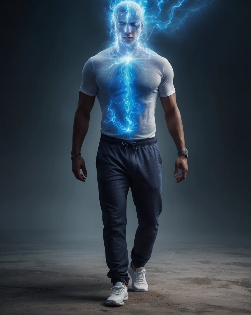 A human being with a blue spark from divinity within him. Photorealism, full view, highly detailed image, very realistic, hyperrealism, Ultra HD, 8k, 5, sharp focus, intricate and mysterious masterpiece. (Long exposure photography Artistic illustration close-up portrait very detailed: final quality, medium shot, backlight, Rich and striking. Enigmatic and mysterious manipulations (composition of the rule of thirds), ((detailed environment with strong lines) The best quality, in camera, white light, warm and clean aesthetics, dazzling screen composed of millions of brilliant ultraviolet rays, HDR.
