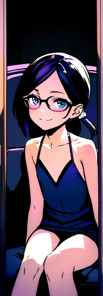 (Shoulder-length black short straight hair: 1.3), （Extremely detailed CG8k wallpaper），（Extremely exquisite and beautiful），（masterpiece），（Best quality：1.0），（超high resolution：1.0），Beautiful light，Perfect Lightning，Realistic shadows，[high resolution]，Smooth and flawless fair skin，Extremely delicate facial details，（Perfect body：1.1），Extremely detailed，A beautiful girl，Small head，(very short ponytail:1.5),(Glasses:1.3),(flat chest:1.3)，Slim，Thin，Smile，joy，Almost completely naked body，Long legs,Close-up shot,(In-house screening room:1.2),(Sit in your seat:1.2)