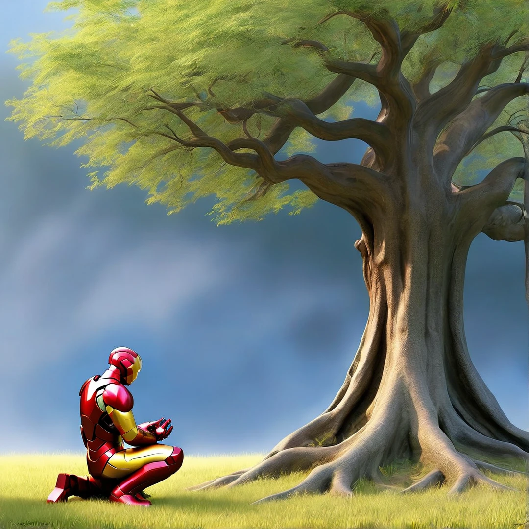 Sob a serene glass, on a peaceful day, an iron man kneels, in voracious prayer. Bible in hands, words of light, Seek the comfort that faith always translates. The shadow of the tree, shelter and refreshment, A sacred encounter, an ethereal moment. With eyes closed and heart open, Pray fervently, search for the right path. Every leaf that falls, a divine whisper, Guiding your words, showing the destination. On sacred ground, your soul surrenders, To God omnipresent, his life he extends. under the tree, symbol of life and shelter, A man and his faith, in an old dialogue. kneeling in prayer, her strength she renews.