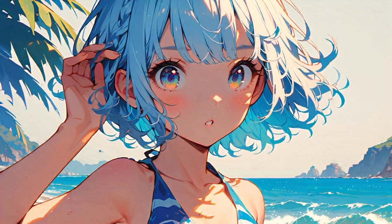 summer、1 female, Light blue hair, short hair