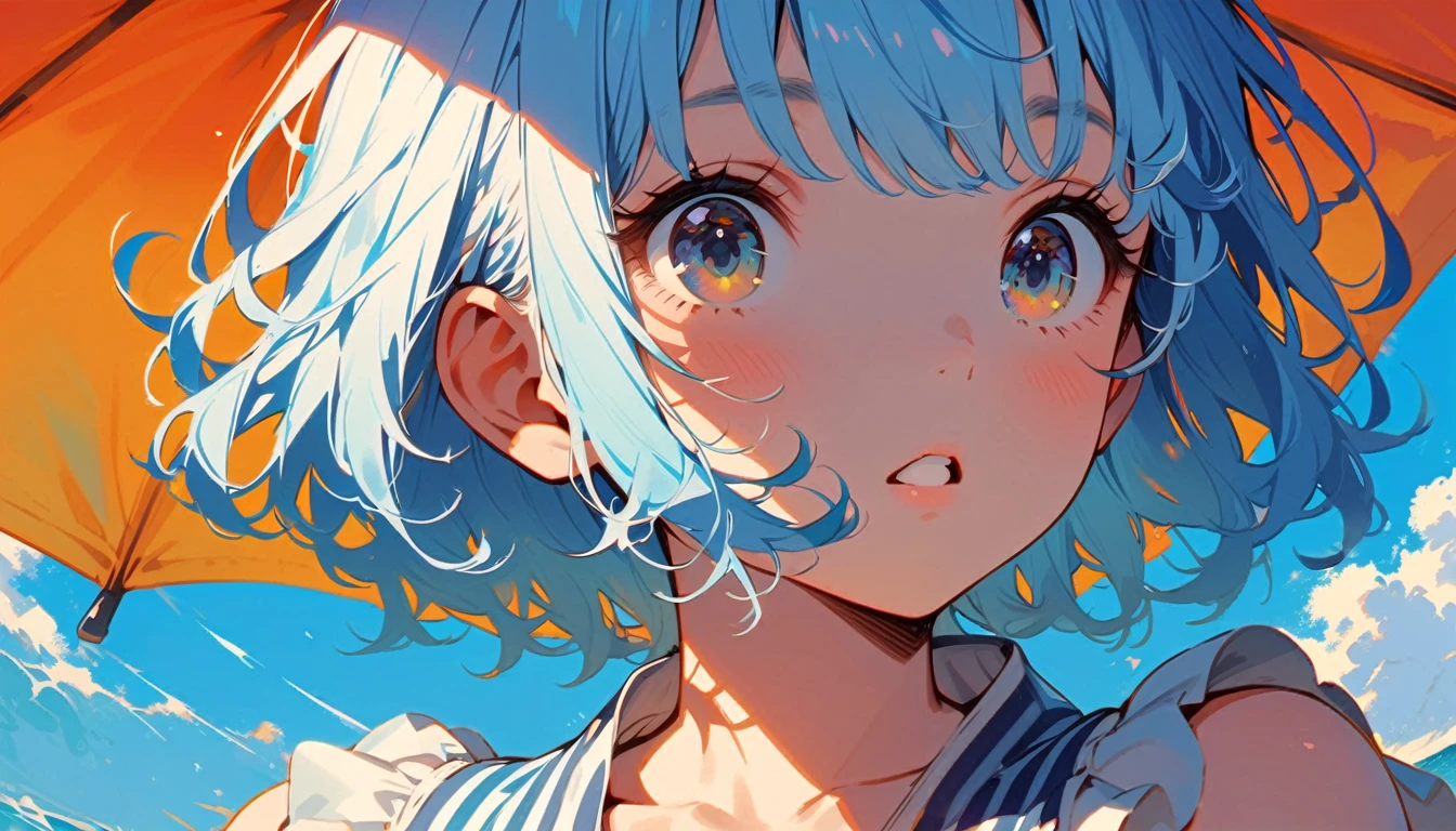 summer、1 female, Light blue hair, short hair