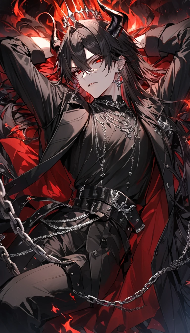 alone, good looking, 1 male, Long hair, Middle parted, Black hair, Red eyes, Black shirt, White Thailand, Black Trench Coat, Royal Silver Jewellery, Royal Demon Earrings, Black horns, Demon Crown, Demonic Katana, Chain, On Back, Demonic Black flames Aura