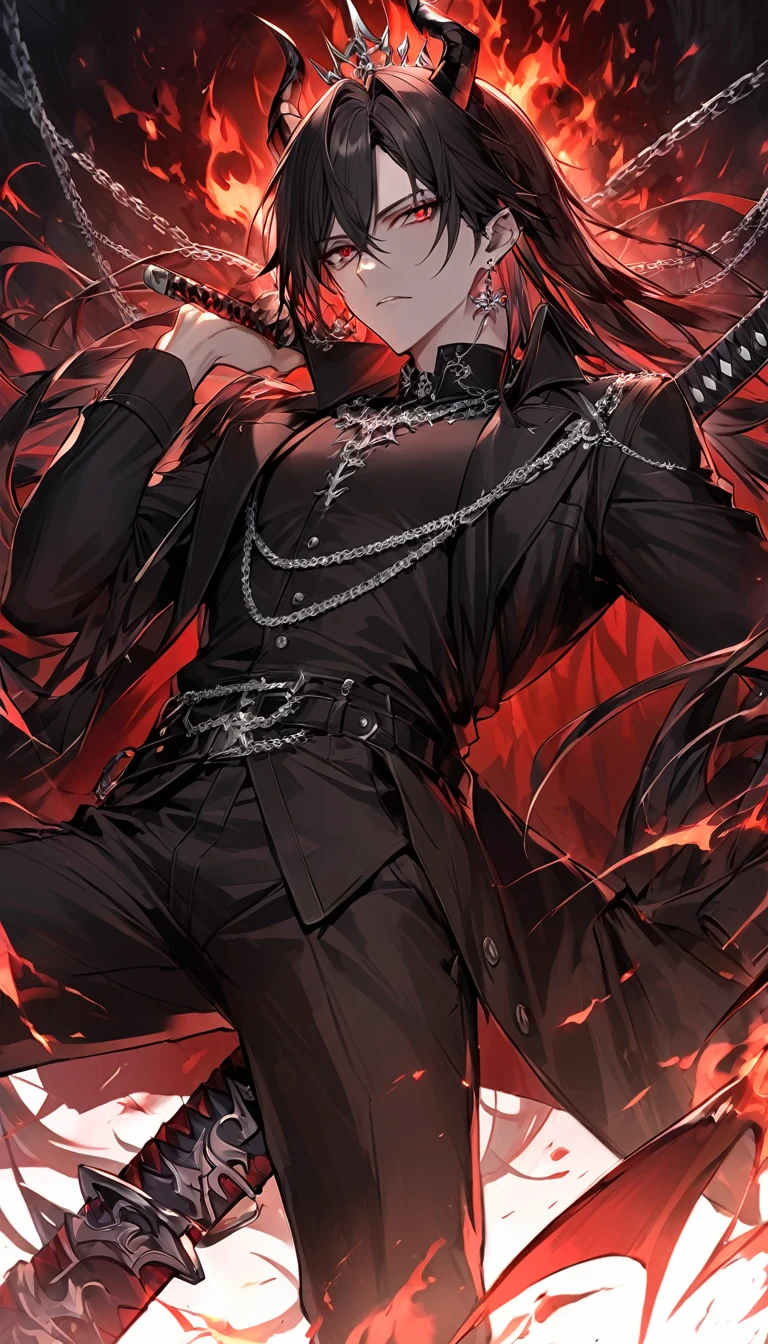 alone, good looking, 1 male, Long hair, Middle parted, Black hair, Red eyes, Black shirt, White Thailand, Black Trench Coat, Royal Silver Jewellery, Royal Demon Earrings, Black horns, Demon Crown, Demonic Katana, Chain, On Back, Demonic Black flames Aura