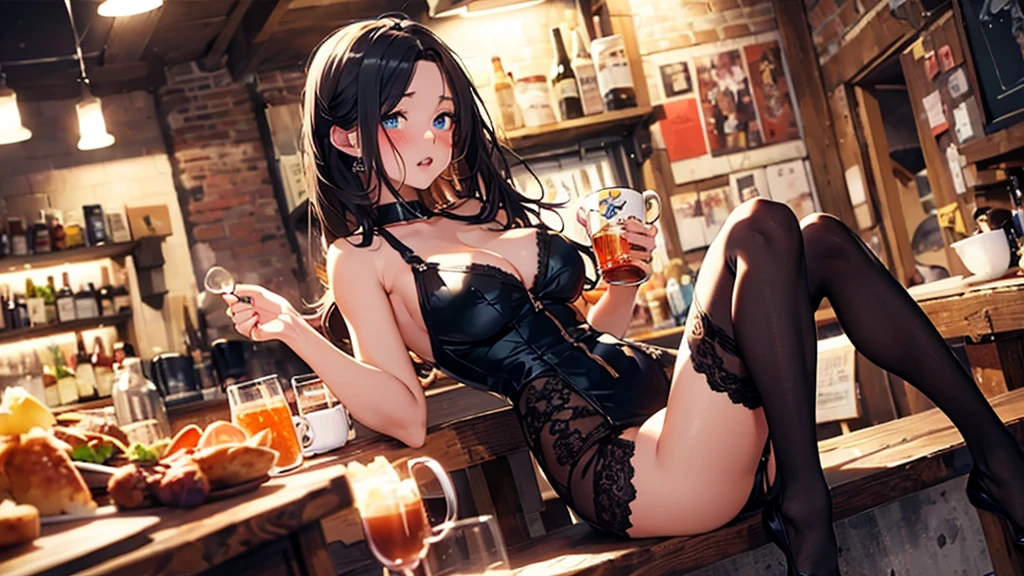 (best quality, 4K, high resolution, masterpiece:1.2, Extremely detailed, Extremely detailed eyes,Ultra HD, Studio Lighting, Ultra-fine painting, Large Breasts:0.8, Attractive thighasterpiece,best quality,1girl,独奏,black hair,long hair,blue eyes,sad,shouting,tears,(drunk,blush),sitting,drinking,((Mature sexy body)),Black stockings,holding mug,counter,pub,