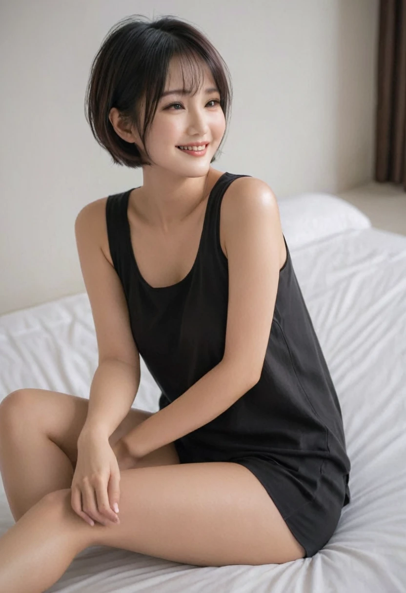 One girl, Short hair up to shoulders,Black Hair,smile, summer, room,Bed,Sit,housewife,Dignified face,Look at this,front,Tank top,Skirt above the knee,Absolute area,Down to the feet,Fair skin, (masterpiece, Highest quality), Soft Light, Structure of the film, Like in the movies