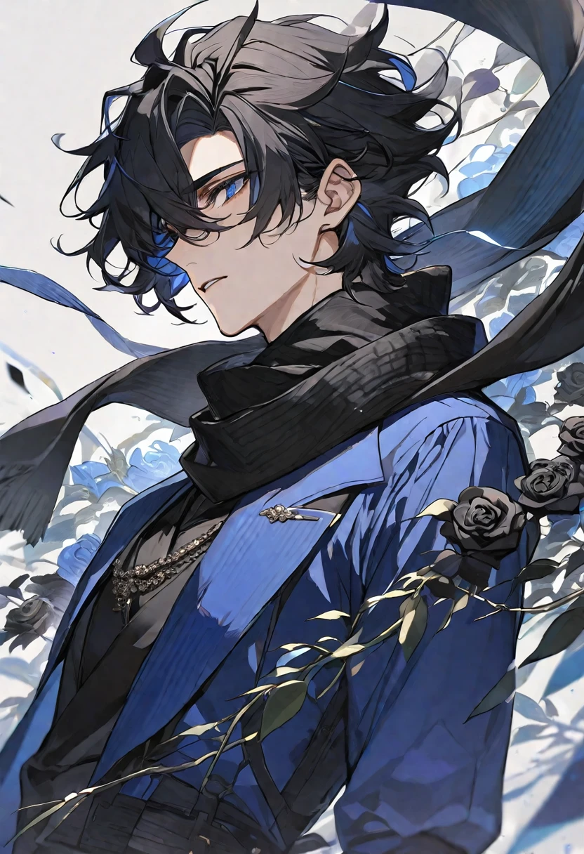 Solo, male, black hair, blue eyes, blue dress, black scarf, black roses