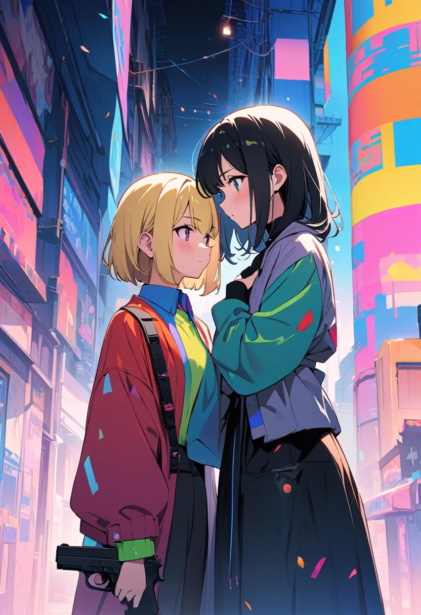 (japanese anime illustration),(best quality, masterpiece, ultra highres, ultra-detailed:1.2) ,(two girls,stand each other),buddy,,cute,hitgirl,1Girl with long-black hair and 1girl with short-blonde hair,(has handgun),colorful background,latest fashion,