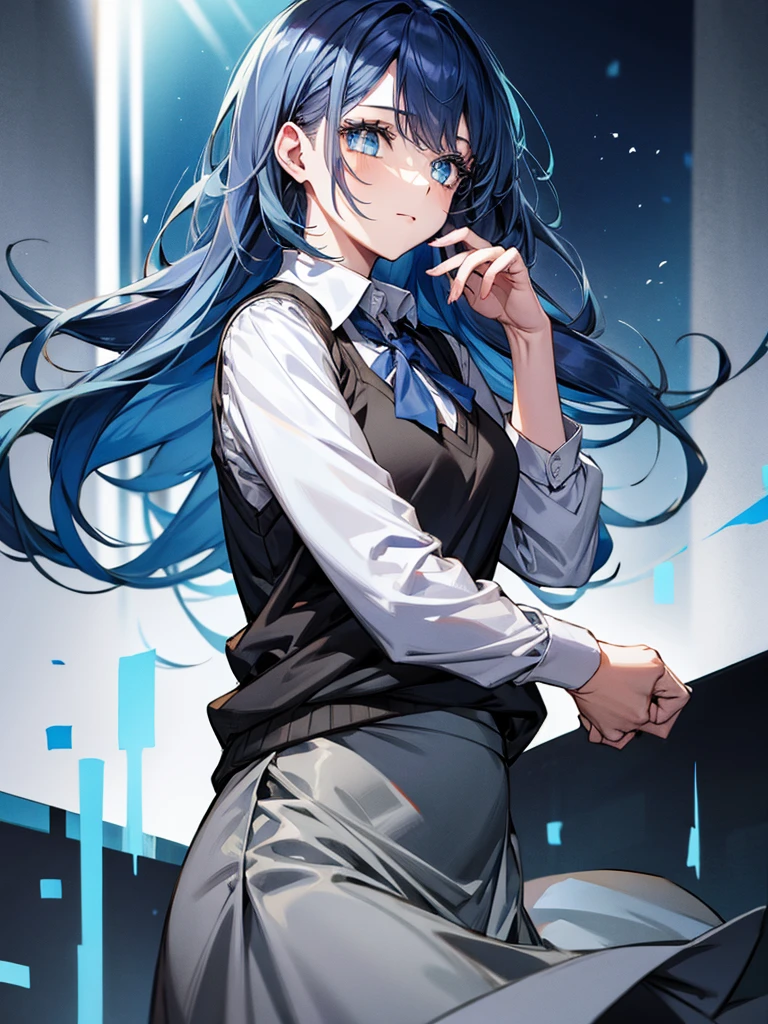 1girl, blue hair, blue eyes, white blouse, black vest, grey skirt