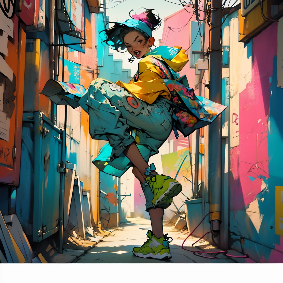 (high resolution:1.2),ultra detaild,realisitic,sharp focus,colorfully,walls covered in graffiti,street artistryist girl,vibrant clothing,singing passionately,energy performance,street artistry backdrop,urban atmosphere,busy street scene,agitation, expressive facial expressions, dynamic pose, original accessories, confident stage presence, fashion style that attracts attention, unique street style, City nightlife, illuminating neon lights, street fashion culture, youthful energy, crowd screaming, positive vibes, artistry, Stylish Sneakers, graffiti urban culture, paint-stained streets, urban talent showcase, bright coloured, attractive images, high energy performance, electric atmosphere, Musical Expression, Urban lifestyle