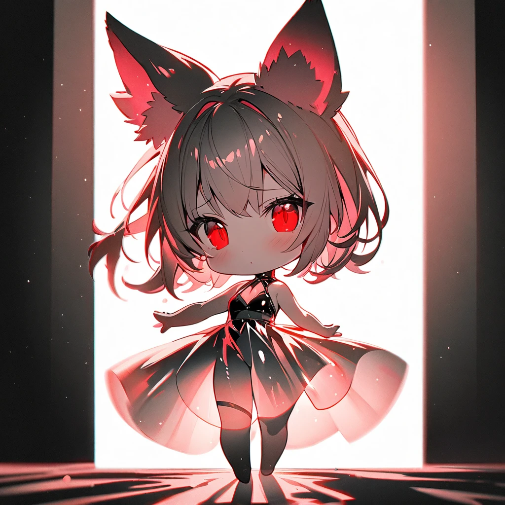 Top quality, masterpiece, chibi character, pink hair, animal ears girl, red eyes, Shiny Dress,dark background, double exposure, shadows covering the body, fantastic light curtain,Monochrome