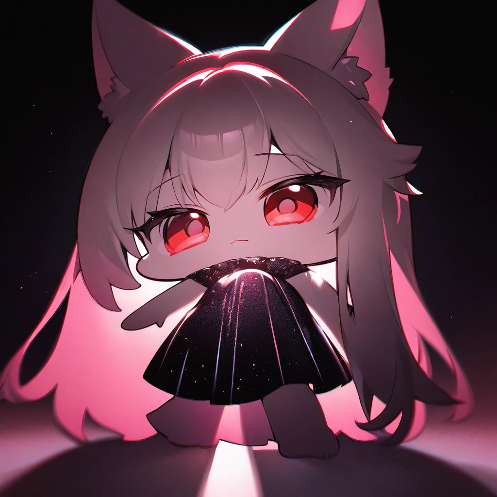Top quality, masterpiece, chibi character, pink hair, animal ears girl, red eyes, Shiny Dress,dark background, double exposure, shadows covering the body, fantastic light curtain,Monochrome