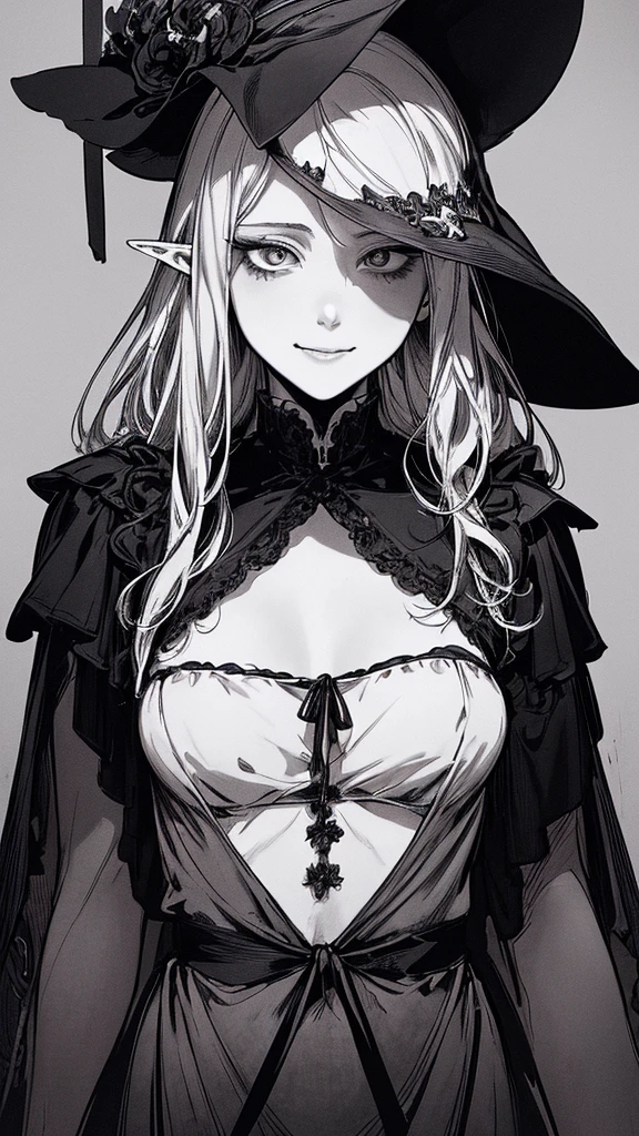 Highest quality, (Background details), High Contrast, so beautiful, Detailed original illustrations, Sensual, , witch, witch hat, Black Robe, Elf, Delicate face, charm, Spoiled brat, sexy, Real breasts, Small breasts、Crazy Smile, Crazy Eyes, Black background, (Black background: 1. 5) Beautiful line art, Monochrome