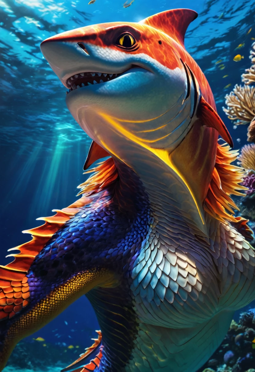 (best quality,4k,8k,highres,masterpiece:1.2),ultra-detailed,(realistic,photorealistic,photo-realistic:1.37),girl with shark-like features,young woman with shark-like hybrid features,beautiful detailed eyes,beautiful detailed lips,extremely detailed eyes and face,long eyelashes,shark-like skin texture,sharp teeth,dorsal fin on back,predatory look,ocean background,underwater scene,glowing bioluminescent lighting,vibrant colors,dynamic pose