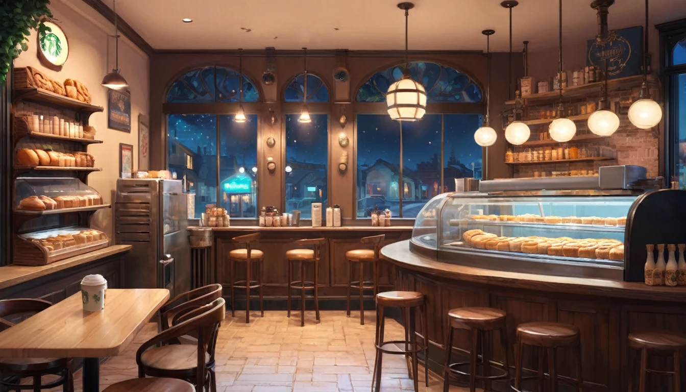 there is a small bakery with a counter and a window, cozy cafe background, illustrated starbucks interior, coffee shop, fantasy bakery interior setting, anime background art, cafe interior, anime scenery concept art, inspired by Jean Béraud, cafe, detailed an empty jazz cafe, cafe lighting, interior background art, inspired by Evgeny Lushpin, highly detailed vfx espresso