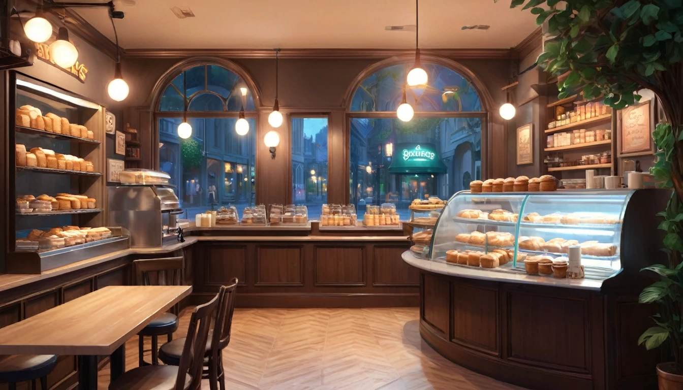 there is a small bakery with a counter and a window, cozy cafe background, illustrated starbucks interior, coffee shop, fantasy bakery interior setting, anime background art, cafe interior, anime scenery concept art, inspired by Jean Béraud, cafe, detailed an empty jazz cafe, cafe lighting, interior background art, inspired by Evgeny Lushpin, highly detailed vfx espresso