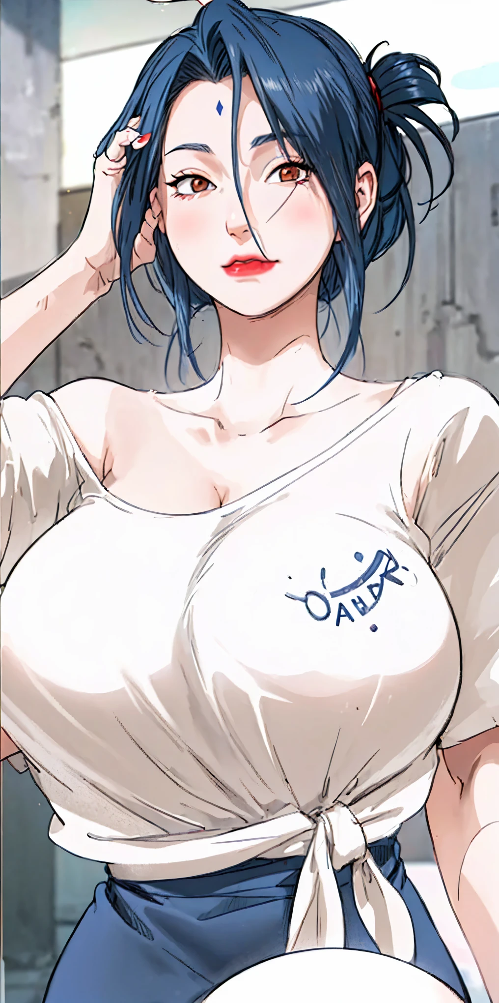 Girl, smile, red lips, big nose, big , big , big ass, big butt, fair skin, long hair, blue hair colors, blue hair colored, bunny girl outfit, blue bunny outfit colors, sexy girls, sexy body, sexy pose, beautiful girls, realistic pose, in room