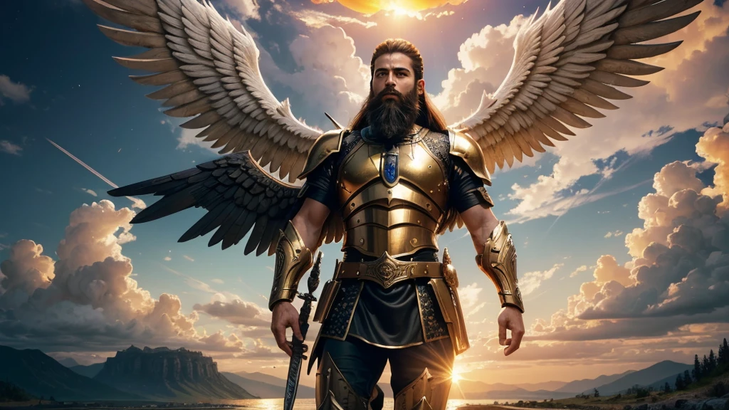 God's Angel, Anjo Masculino de GOD, God's golden Army, naughty man, Masculine Male, mighty, Jewish Hebrew Beard, Detailed Realistic God's Angel, photorrealistic, ultrahd, fotorrealism, epic, armour de Guerra, Soldier's Clothing, warrior de GOD, warrior, Macho warrior,
battle angel, Forte Angel de GOD, Divina armour de Guerra, Dress for Battle, Spiritual war, Batalha Espiritual, Spiritual Battle Angel, epic warrior do Altíssimo, photorealistic landscape, golden sunset, sky, sky Power, Detailed realistic sunset, mountainous landscape, Rivers of water, sunset Realism, alone men, GOD man, Man's beard, GOD's Army Angel, armour Divina, golden Army, Silver Army, armour, Soldier Angel, Detalhes photorrealistics, GOD's angel masculino, GOD's Army, GOD's Hebrew, GOD's Strong Angel, GOD's Power, angel masculino, male man, Camisa padoru, elegant shirt, Closed blouse, closed shirt, long-sleeved shirt, golden, Tunica, GOD'angel, barba, naughty man com barba, Large Beard, Barba Judaica, Hebrew, panorama, Alpha Male, Caminho para o sky, heavenly, 8K Detailed Realistic Image, 16K Photorealistic Contrast, 8K Photorealistic Sharpness, Photorealistic 4K cores, 16K Photorealistic Shadows, 8K Photorealistic Textures, 16K Photorealistic Texture, 4K Photorealistic Light, fotorrealism 4K, FullHD 4K Detailed Contrast, detailed sharpness FullHD 8K, detailed sharpness FullHD 4K, detailed sharpness, 2K detailed colors, lifelike colors, FullHD Detailed Shadows, 4K Detailed Textures, detailed texture, padoru, natural beautiful, posh