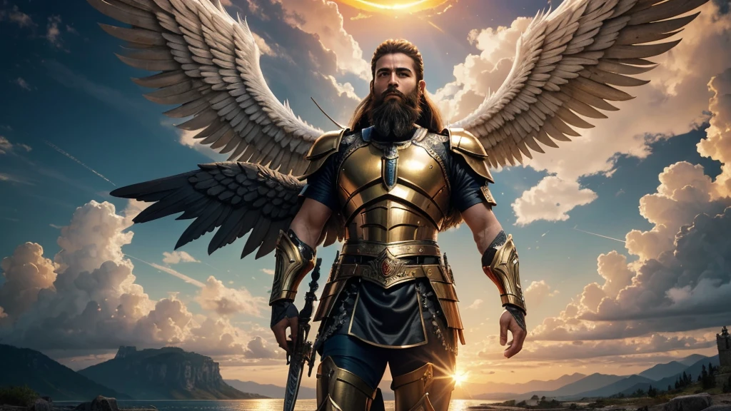 God's Angel, Anjo Masculino de GOD, God's golden Army, naughty man, Masculine Male, mighty, Jewish Hebrew Beard, Detailed Realistic God's Angel, photorrealistic, ultrahd, fotorrealism, epic, armour de Guerra, Soldier's Clothing, warrior de GOD, warrior, Macho warrior,
battle angel, Forte Angel de GOD, Divina armour de Guerra, Dress for Battle, Spiritual war, Batalha Espiritual, Spiritual Battle Angel, epic warrior do Altíssimo, photorealistic landscape, golden sunset, sky, sky Power, Detailed realistic sunset, mountainous landscape, Rivers of water, sunset Realism, alone men, GOD man, Man's beard, GOD's Army Angel, armour Divina, golden Army, Silver Army, armour, Soldier Angel, Detalhes photorrealistics, GOD's angel masculino, GOD's Army, GOD's Hebrew, GOD's Strong Angel, GOD's Power, angel masculino, male man, Camisa padoru, elegant shirt, Closed blouse, closed shirt, long-sleeved shirt, golden, Tunica, GOD'angel, barba, naughty man com barba, Large Beard, Barba Judaica, Hebrew, panorama, Alpha Male, Caminho para o sky, heavenly, 8K Detailed Realistic Image, 16K Photorealistic Contrast, 8K Photorealistic Sharpness, Photorealistic 4K cores, 16K Photorealistic Shadows, 8K Photorealistic Textures, 16K Photorealistic Texture, 4K Photorealistic Light, fotorrealism 4K, FullHD 4K Detailed Contrast, detailed sharpness FullHD 8K, detailed sharpness FullHD 4K, detailed sharpness, 2K detailed colors, lifelike colors, FullHD Detailed Shadows, 4K Detailed Textures, detailed texture, padoru, natural beautiful, posh