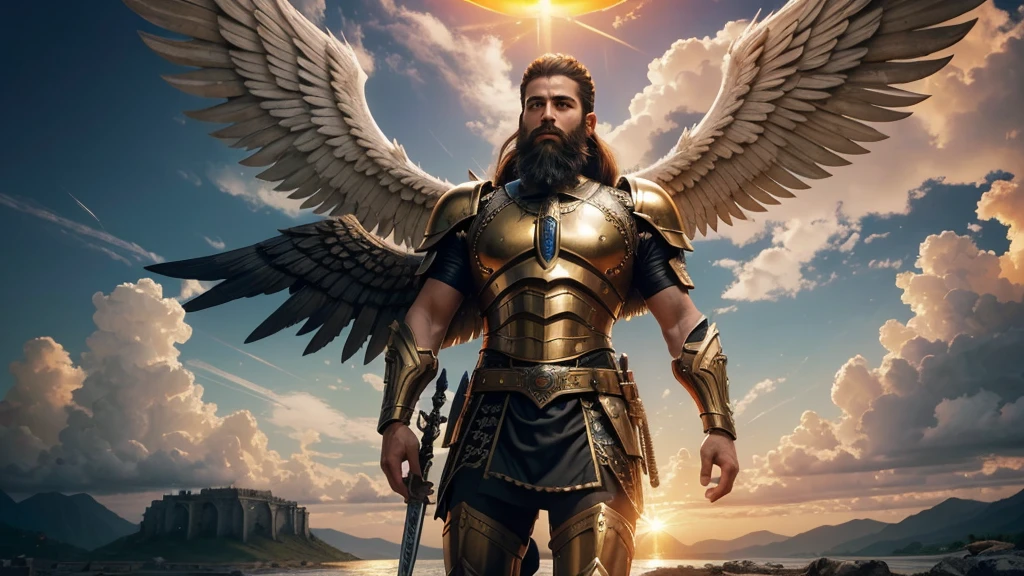 God's Angel, Anjo Masculino de GOD, God's golden Army, naughty man, Masculine Male, mighty, Jewish Hebrew Beard, Detailed Realistic God's Angel, photorrealistic, ultrahd, fotorrealism, epic, armour de Guerra, Soldier&#39;s Clothing, warrior de GOD, warrior, Macho warrior, 
battle angel, Forte Angel de GOD, Divina armour de Guerra, Dress for Battle, Spiritual war, Batalha Espiritual, Spiritual Battle Angel, epic warrior do Altíssimo, photorealistic landscape, golden sunset, sky, sky Power, Detailed realistic sunset, mountainous landscape, Rivers of water, sunset Realism, alone men, GOD man, Man&#39;s beard, GOD's Army Angel, armour Divina, golden Army, Silver Army, armour, Soldier Angel, Detalhes photorrealistics, GOD's angel masculino, GOD's Army, GOD's Hebrew, GOD's Strong Angel, GOD's Power, angel masculino, male man, Camisa padoru, elegant shirt, Closed blouse, closed shirt, long-sleeved shirt, golden, Tunica, GOD&#39;angel, barba, naughty man com barba, Large Beard, Barba Judaica, Hebrew, panorama, Alpha Male, Caminho para o sky, heavenly, 8K Detailed Realistic Image, 16K Photorealistic Contrast, 8K Photorealistic Sharpness, Photorealistic 4K cores, 16K Photorealistic Shadows, 8K Photorealistic Textures, 16K Photorealistic Texture, 4K Photorealistic Light, fotorrealism 4K, FullHD 4K Detailed Contrast, detailed sharpness FullHD 8K, detailed sharpness FullHD 4K, detailed sharpness, 2K detailed colors, lifelike colors, FullHD Detailed Shadows, 4K Detailed Textures, detailed texture, padoru, natural beautiful, posh 