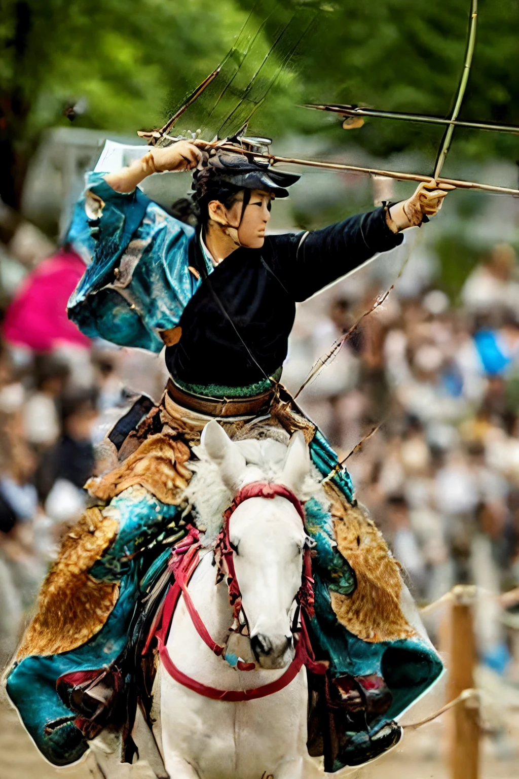 (masterpiece, best quality:1.2), yabusame, beautiful girl, horseback riding, (from right side:1.2),  (holding bow in left hand:1.2), long bow, (holding arrow:1.2), (kaburaya:1.2), kyudou-hikiwake, outstretched arm, black igote, deerskin mukabaki, galloping horse, red munagai, sea side,